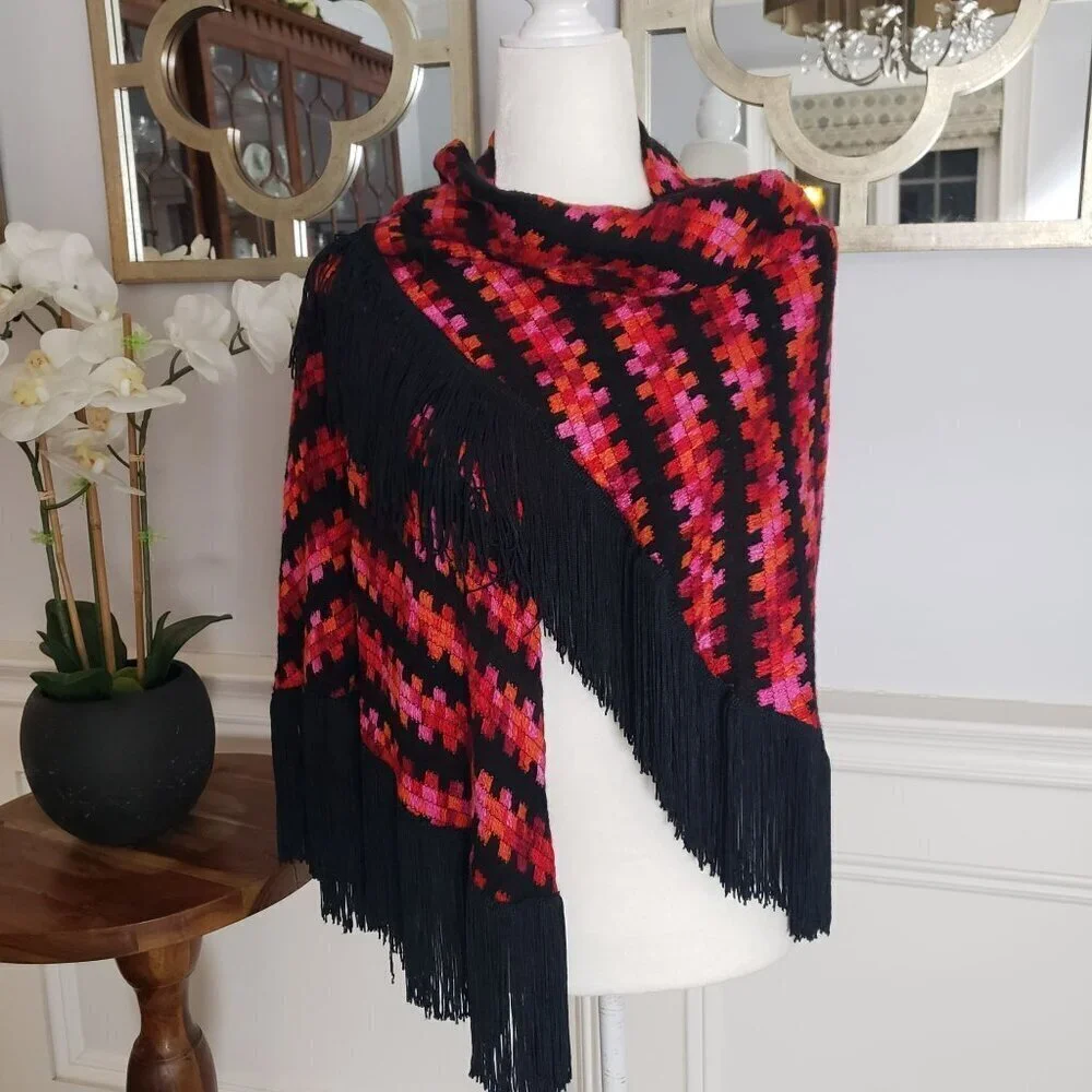 Vintage Handwoven Boho Scarf Cape Wrap Vibrant Geometric Pattern & Black Fringe